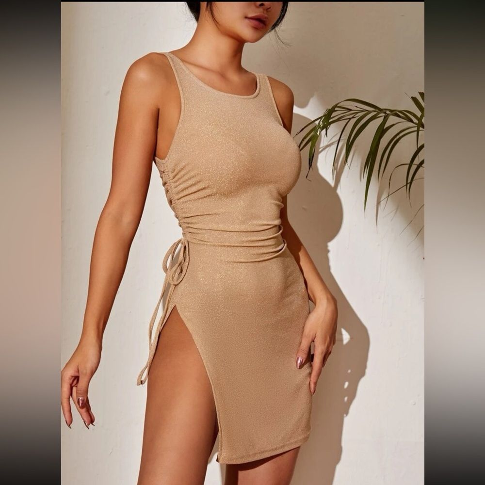 Drawstring split thigh mesh tank dress